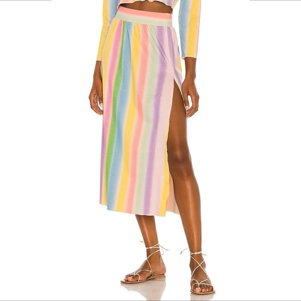 Onia Leah shimmer rainbow midi skirt jersey stretch front slit gold sparkle S